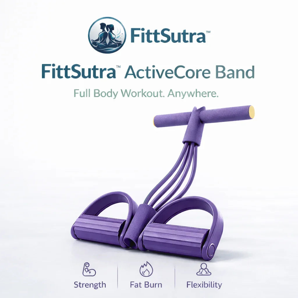 FittSutra ActiveCore Band purple resistance band for full body workout, with strength, fat burn, and flexibility icons.